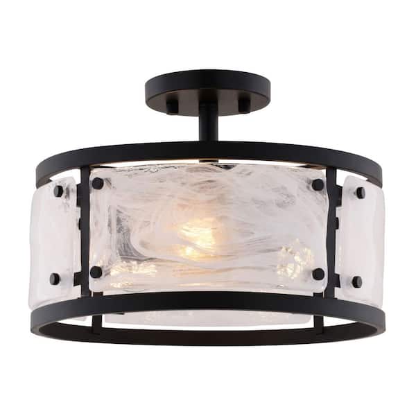 VAXCEL Wilder 13 in. 3-Light Matte Black Modern Drum Semi Flush Mount Lighting Ceiling Fixture with White Swirl Glass Shade