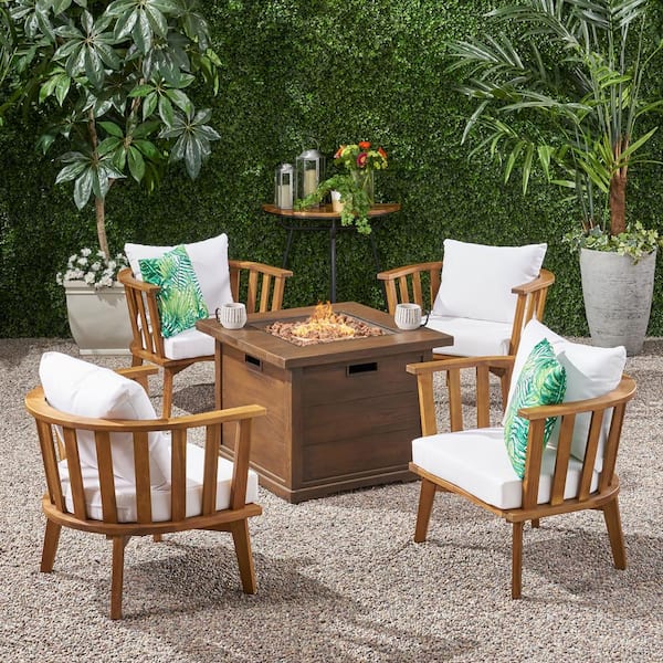 Noble House Walson Teak Brown 5-Piece Wood Outdoor Patio Fire Pit Seating Set with White Cushions