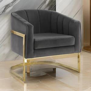 Gray and Gold Velvet Arm Chair with Brushed Gold Floating Base