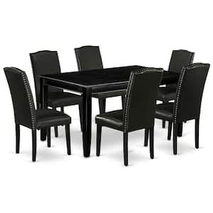 7-Piece Rectangle Black Finish Solid Wood Top Dining Table with 6 Parson Chairs with Lattice Back