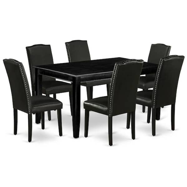 East West Furniture 7-Piece Rectangle Black Finish Solid Wood Top Dining Table with 6 Parson Chairs with Lattice Back