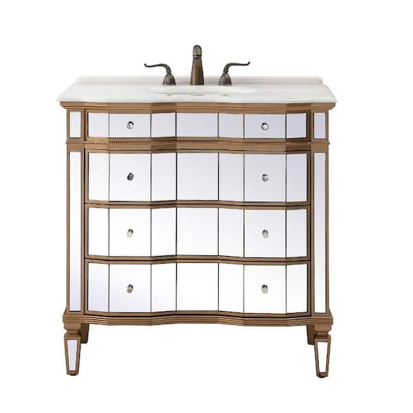 Benton Collection Asselin 36 in. W x 22 in. D x 36 in. H Mirrored Style Bath Vanity in Gold with White Marble Top