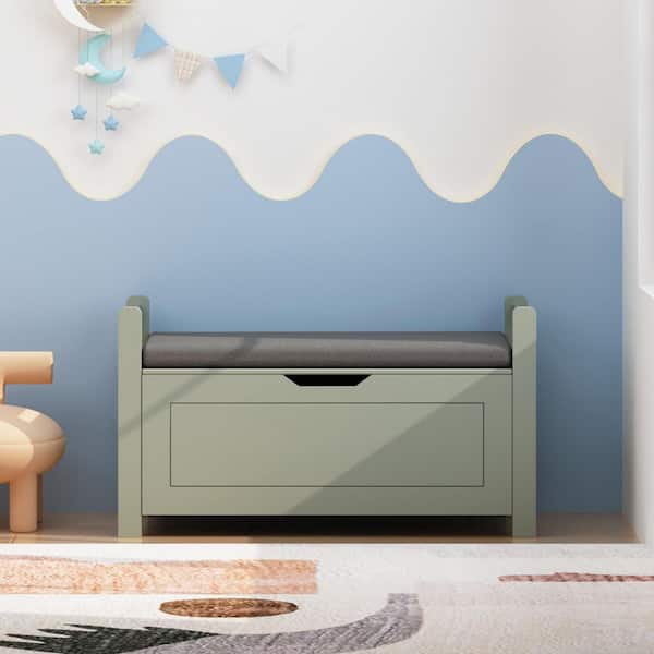 Kersha 35 in. Green MDF Wood Kids Storage Bench Organizer Trunk with Cushion Seat, Flip-Top Lid, Safety Hinge