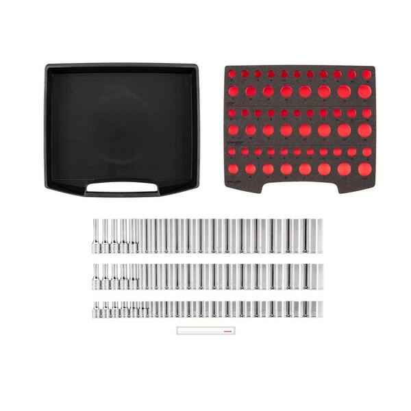 3/8 Inch Drive Shallow, Semi-Deep, and Deep 12-Point Socket Set with Open Top Drawer and Rack, 57-Piece (6-24 mm)