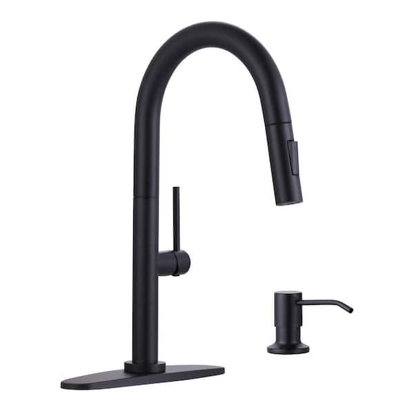 2-Functions Stainless Steel Single Handle Pull Down Sprayer Kitchen Faucet with Soap Dispenser Included in Matte Black