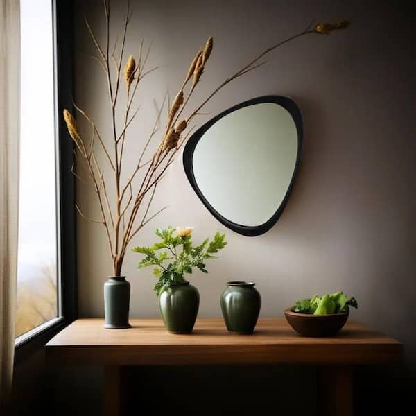19 in. W x 24 in. H Small Irregular Black Natural Wood Frame Wall Mirror Asymmetric Mirror