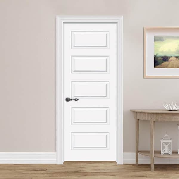 28 in. x 80 in. 5 Panel Molded Right-Handed Solid Core White Primed Wood Single Prehung Interior Door w/Nickel Hinges