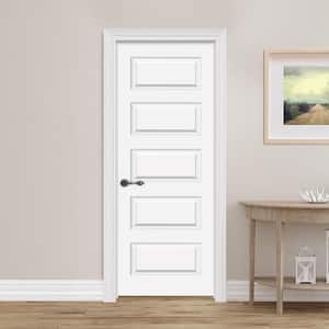 18 in. x 80 in. 5 Panel Molded Right-Handed Solid Core White Primed Wood Single Prehung Interior Door w/Bronze Hinges