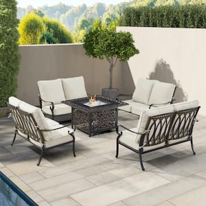 Black Aluminum Fire Table Set with 4-Deep Seating Loveseats