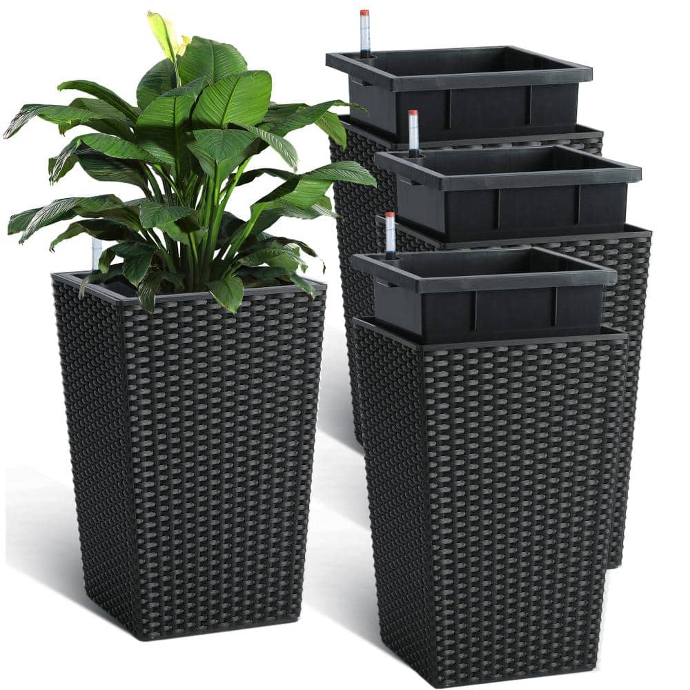 Rattan Planters Set of 4 16 Inch Tall Flower Pots with Water Level Gauge,Water-Saving Garden Containers for Patio,Black price history on PriceWatchPro
