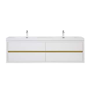 72 in. Wall-Mounted Floating Bath Vanity in White with Double Solid Surface Sink Top in White