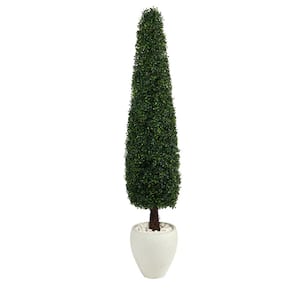 63in. Boxwood Topiary Artificial Tree in White Planter UV Resistant (Indoor/Outdoor)