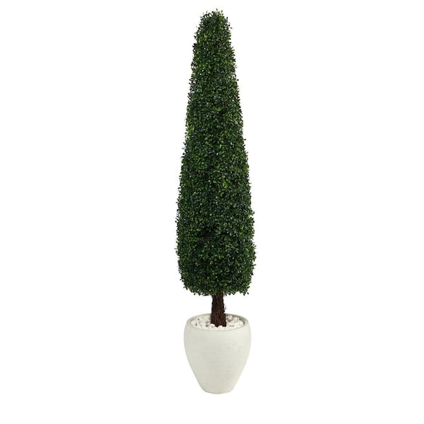 Nearly Natural 63in. Boxwood Topiary Artificial Tree in White Planter UV Resistant (Indoor/Outdoor)