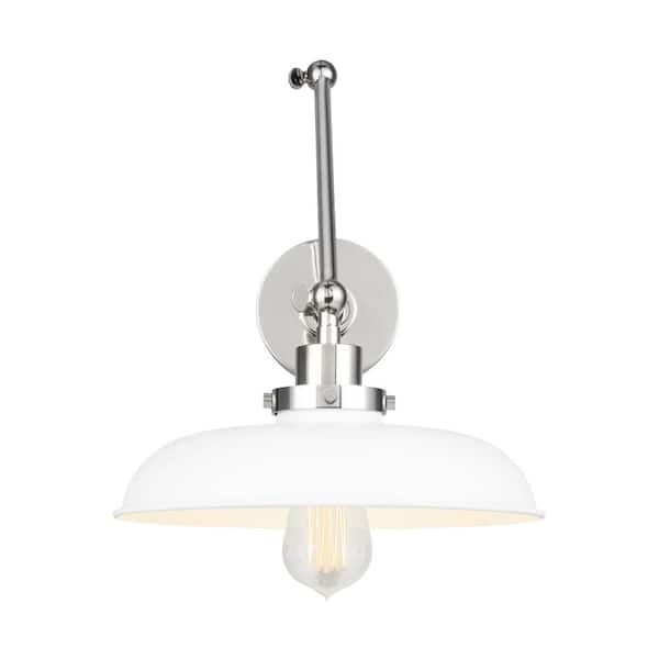 Generation Lighting Wellfleet 11 in. W 1-Light Matte White/Polished Nickel Double Arm Wide Task Wall Sconce with Steel Shade