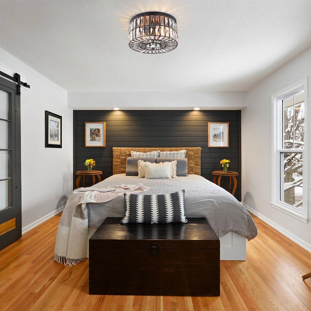 Matte Black Crystal Drum Flush Mount Ceiling Light