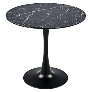 31.5 in. Round Black MDF Artificial Marble Veneer Top with Strong Tulip Style Metal Pedestal Base (Seats 2-4)