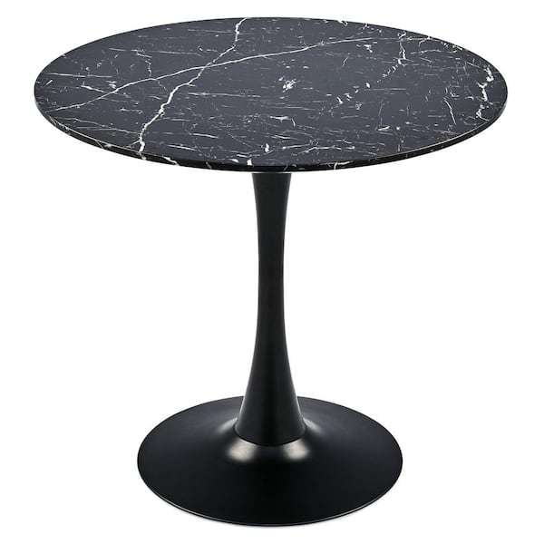 Merra 31.5 in. Round Black MDF Artificial Marble Veneer Top with Strong Tulip Style Metal Pedestal Base (Seats 2-4)