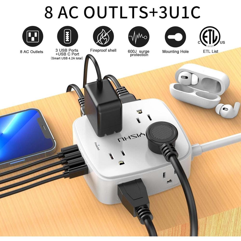 15 Ft White ABS 8-Outlet Power Strip with USB Ports