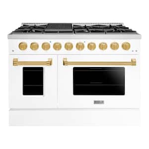 BOLD 48 in. TTL 6.7 Cu. ft. 8 Burner Freestanding Dual Fuel Range with LP Gas Stove and Electric Oven, White Brass Trim