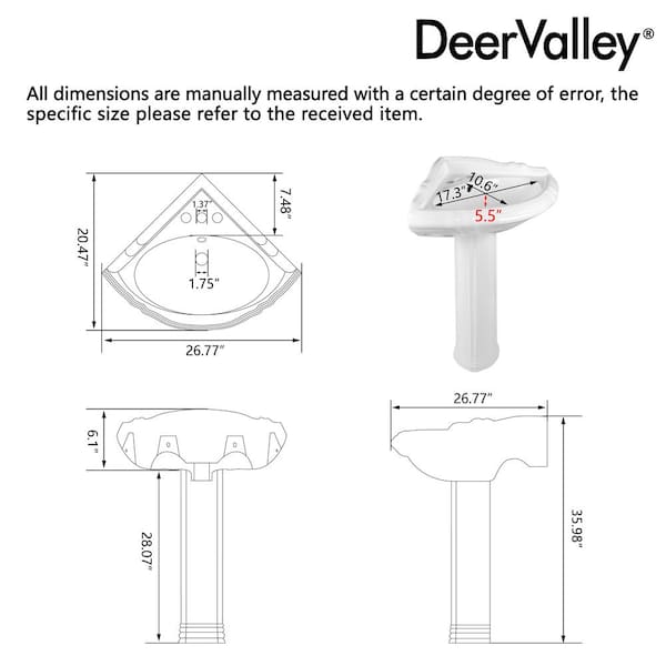 DEERVALLEY 26.8 in. x 20.5 in. Corner Pedestal Bathroom Sink In