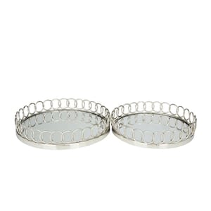 Silver Stainless Steel Mirrored Decorative Tray with Circle Patterned Sides (Set of 2)