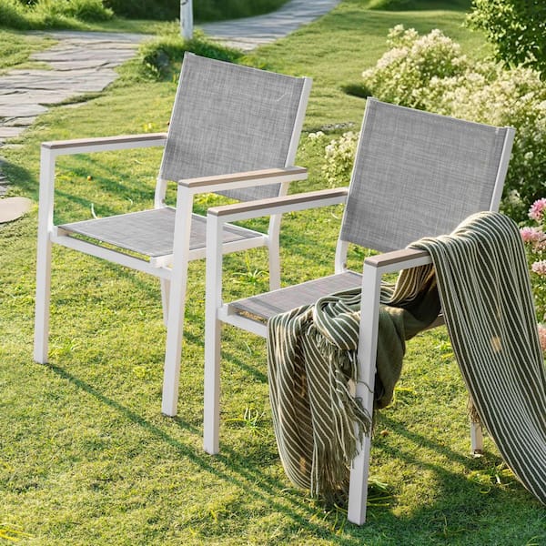 Gray Textilene and Metal Outdoor Dining Chairs with Faux Wood Armrests, Stackable Design (2-Pack)