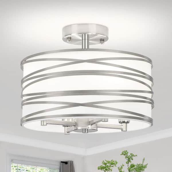 ZSMIHDOH 12.99 in. 4-Light Modern Silver Metal and Fabric Drum Semi Flush Mount Ceiling Light Fixture