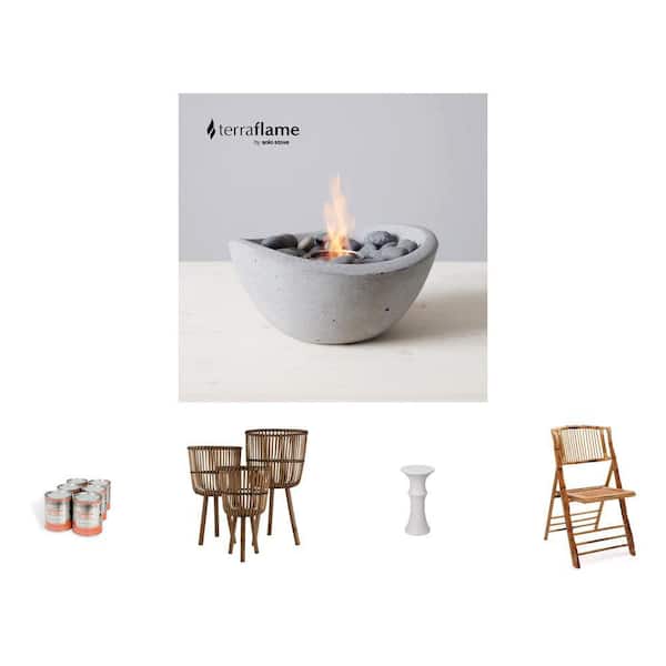 11 in. Concrete Fire Bowl, 13 Oz Gel Fuel (6-Pack), Bamboo Planter (Set of 3), 11 in. Side Table and Folding Chair Combo