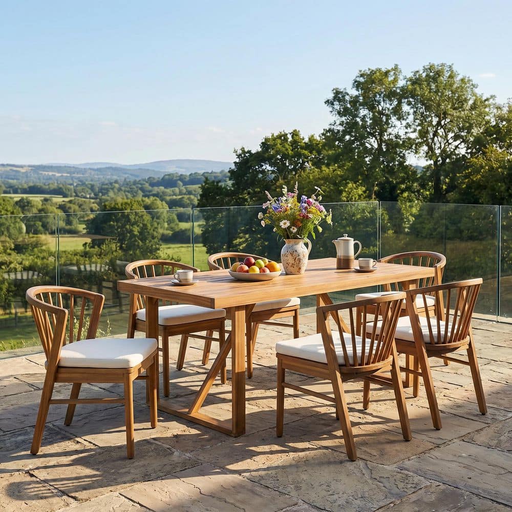 Pierina 7-Piece Rectangle Teak Solid Wood Top Outdoor Dining Table Set with Beige Cushions Seats 6 price history on PriceWatchPro