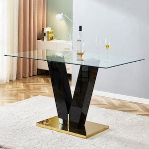 63 in. Black Modern Tempered Glass Rectangular V Shaped Pedestal Dining Table Seats 6