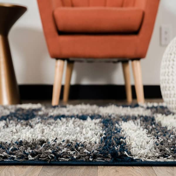 Navy 2 ft. x 3 ft. Distressed Modern Boxes Plush Shag Area Rug