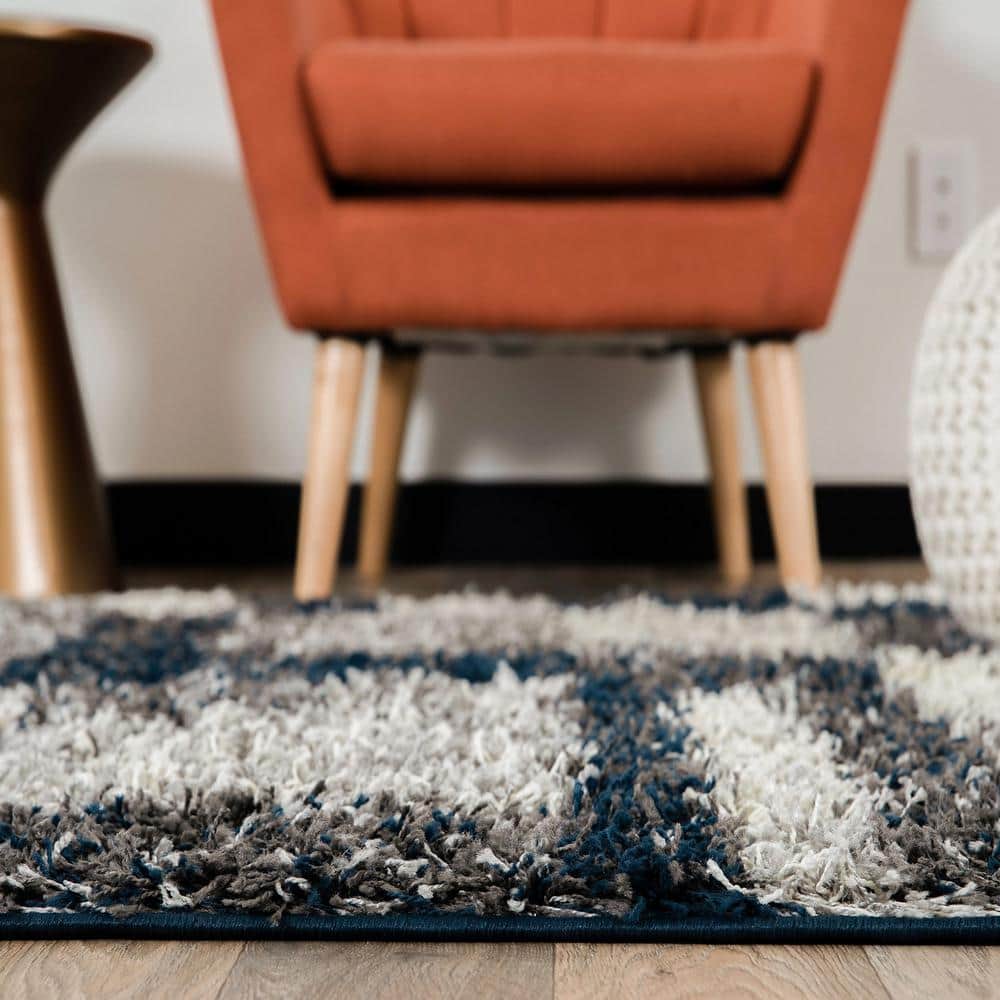 Navy and Gray Rectangular Synthetic Shag Area Rug 7'10" x 10'