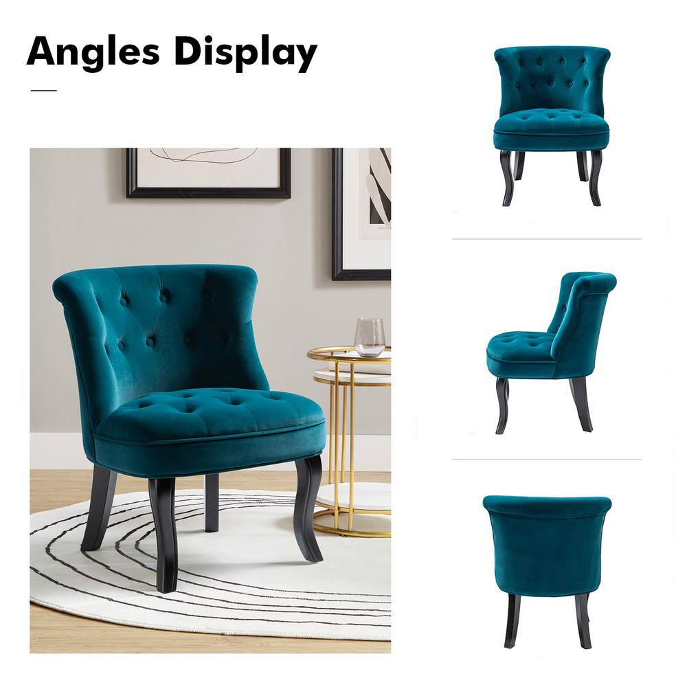 Teal Velvet Button-Tufted Armless Accent Chair with Wooden Legs