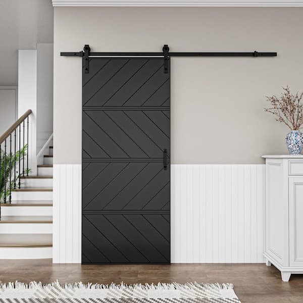 36 in. x 84 in. Paneled 4-Segments Wave Design Black MDF Sliding Barn Door Slab with Installation Hardware Kit