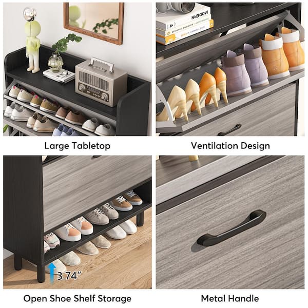 Industrial Black Metal Shoe Storage Cabinet with Doors&Shelves Entryway  Shoe Cabinet
