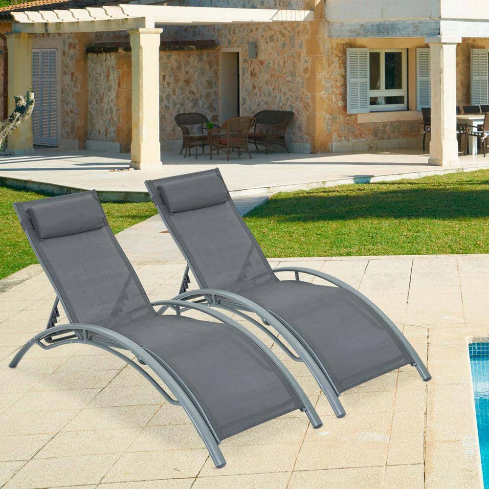 Gray 2-Piece Aluminum Outdoor Chaise Lounge Chair Recliner with 5-Level Adjustable Backrest and Gray Pillow price history on PriceWatchPro