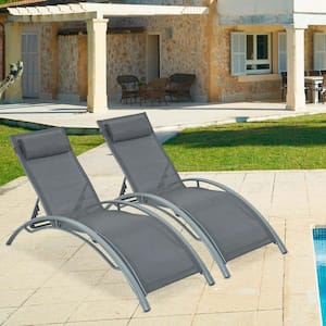 Gray 2-Piece Aluminum Outdoor Chaise Lounge Chair Recliner with 5-Level Adjustable Backrest and Gray Pillow