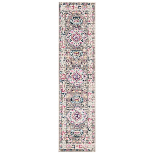 SAFAVIEH Madison Taupe/Ivory 2 ft. x 8 ft. Geometric Border Floral Medallion Runner Rug