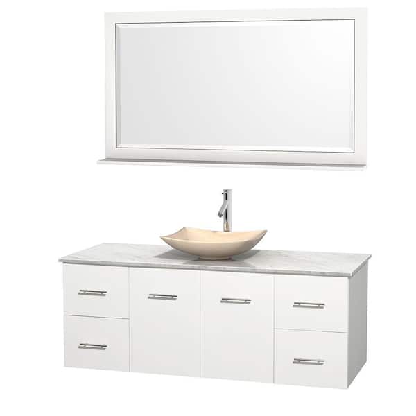 Wyndham Collection Centra 60 in. Vanity in White with Marble Vanity Top in Carrara White, Ivory Marble Sink and 58 in. Mirror