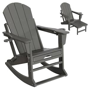 6-in-1 Multi-functional Gray Plastic Folding Rocing Adirondack Chair with Dual Cup Holders and Retractable Ottoman