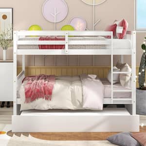 White Wood Frame Full Bunk Bed with Trundle