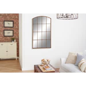 71 in. x 39 in. Window Pane Inspired Arched Framed Copper Wall Mirror with Arched Top