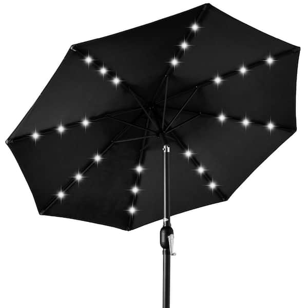 black white check patio umbrella Black and White Checkered Patio Umbrella with Modern Landscape Lighting