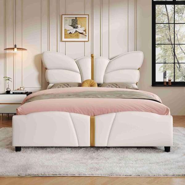 Beige PU Leather Frame Queen Platform Bed with Gold Metal decorations Butterfly Shaped Headboard and Footboard