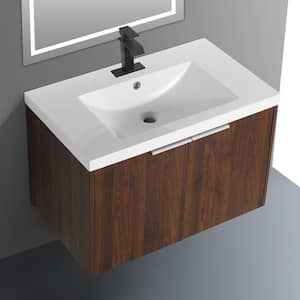 FLOATING 30 in. Wx 18 in. Dx 19 in. H Wall Mount Bath Vanity in Walnut with Concealed Handle White Resin Single Sink Top