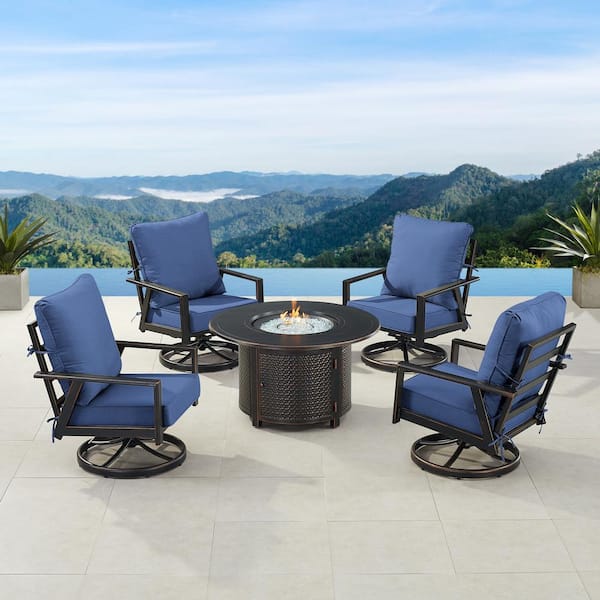 Oakland Living Black 7-Piece Aluminum Patio Fire Pit Set with 4-Club Chairs Blue Cushions