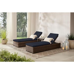 Fernlake Brown Wicker Outdoor Patio Chaise Lounge with CushionGuard Midnight Navy Blue Cushions