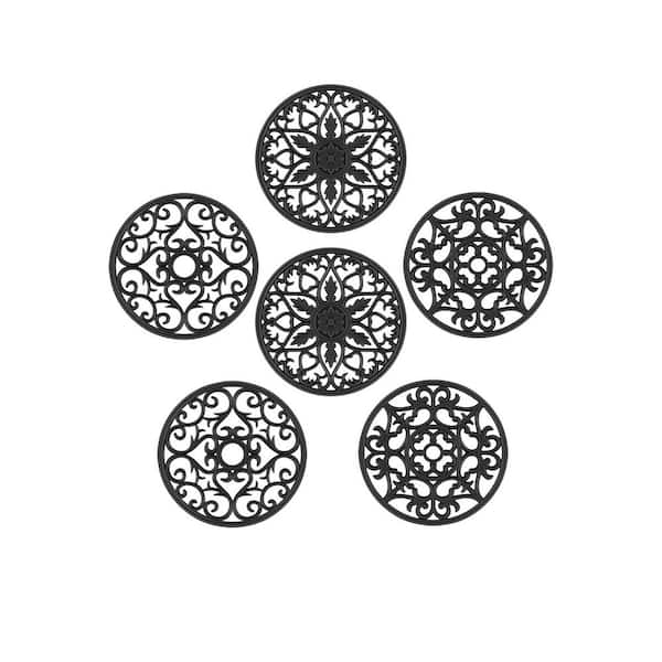7.8 in. Black Silicone Multi-Use Carved Trivet Set, Non-Slip Kitchen Mats for Hot Pots and Countertops (Set of 6)