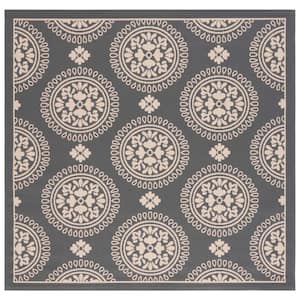 Courtyard Gray 7 ft. x 7 ft. Floral Geometric Indoor/Outdoor Square Area Rug
