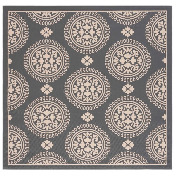 SAFAVIEH Courtyard Gray 7 ft. x 7 ft. Floral Geometric Indoor/Outdoor Square Area Rug